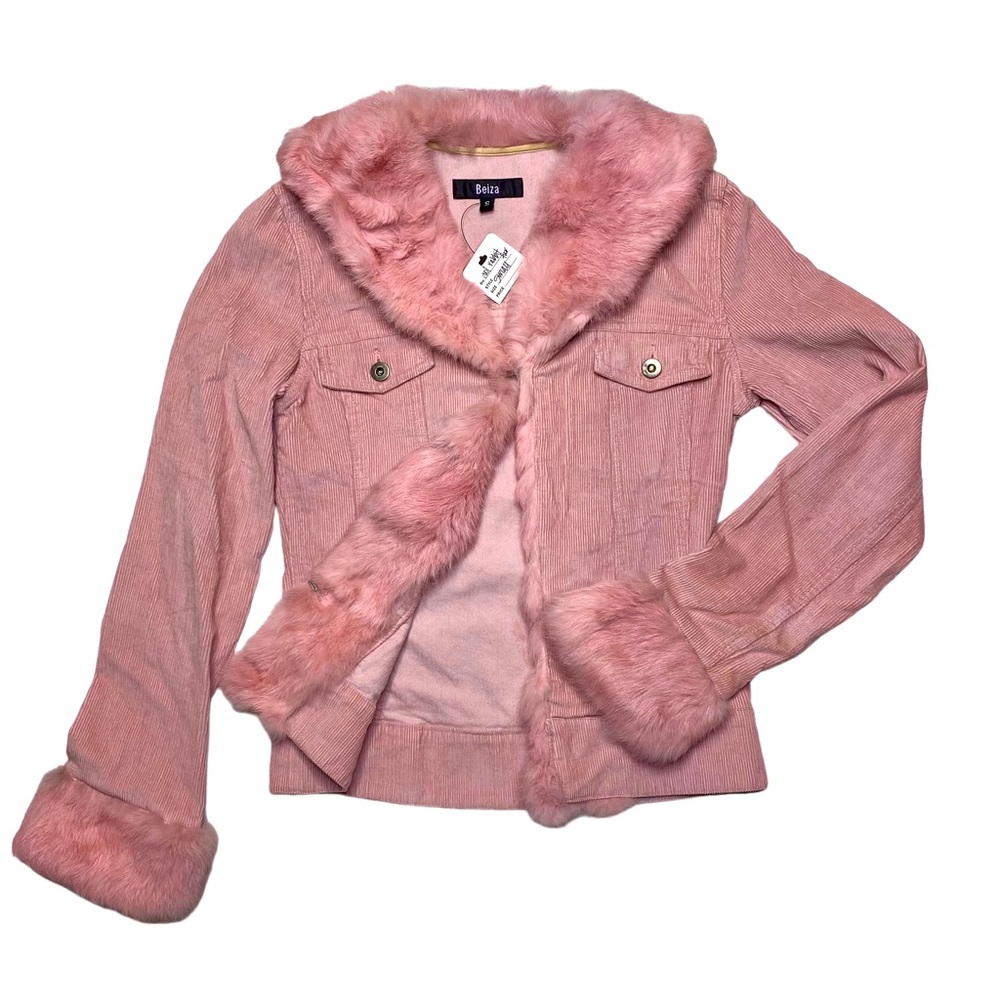 Y2k Pink Beiza Corduroy Jacket Fur Collar